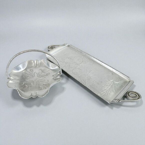 Vintage Farber & Shlevin Hand Wrought Aluminum Thistle Flower Basket Tray Set